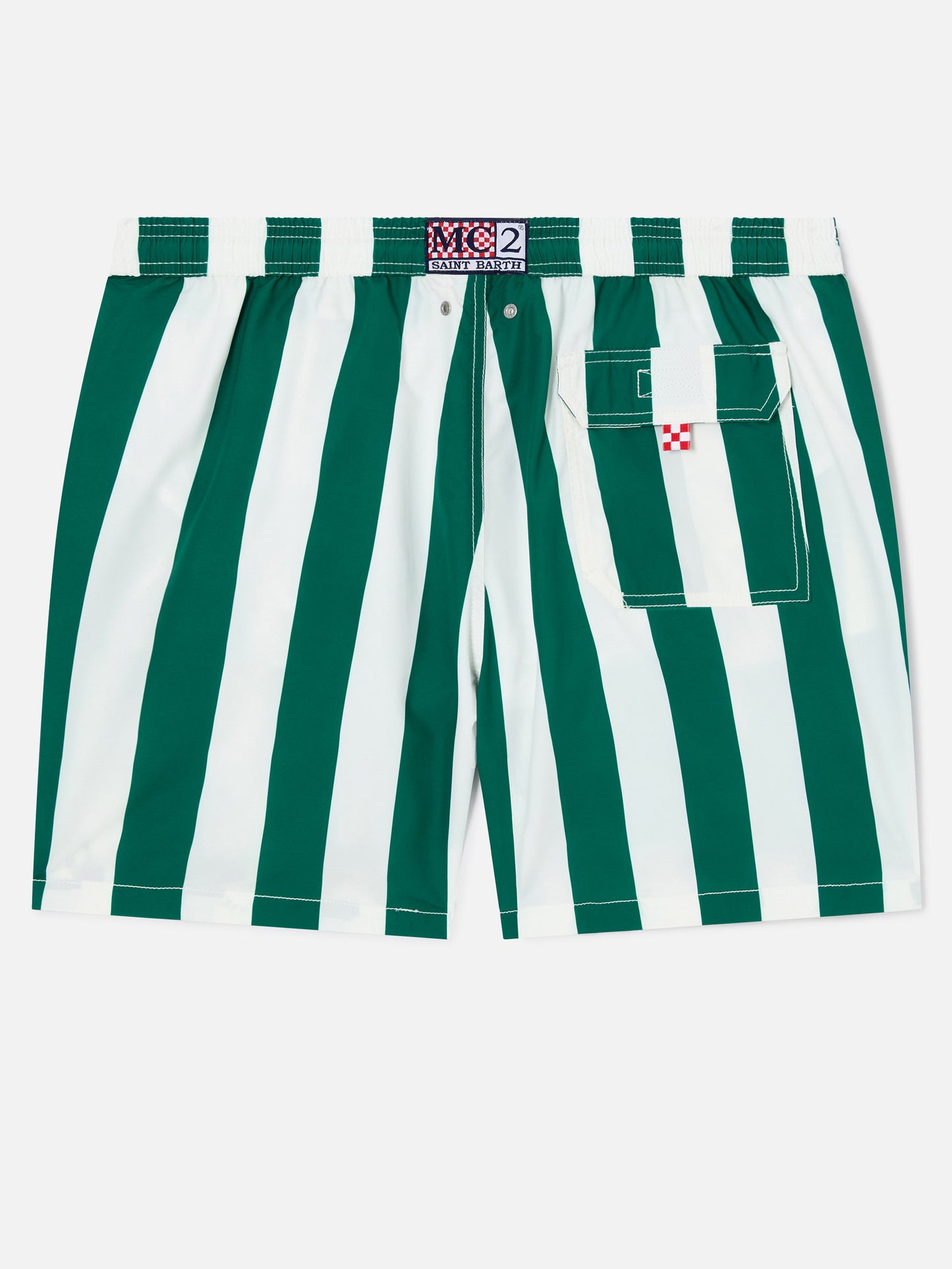 Syros swim shorts with white and British green striped print