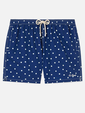 Syros swim shorts in blue with polka dot embroidery