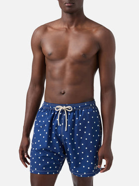 Syros swim shorts in blue with polka dot embroidery