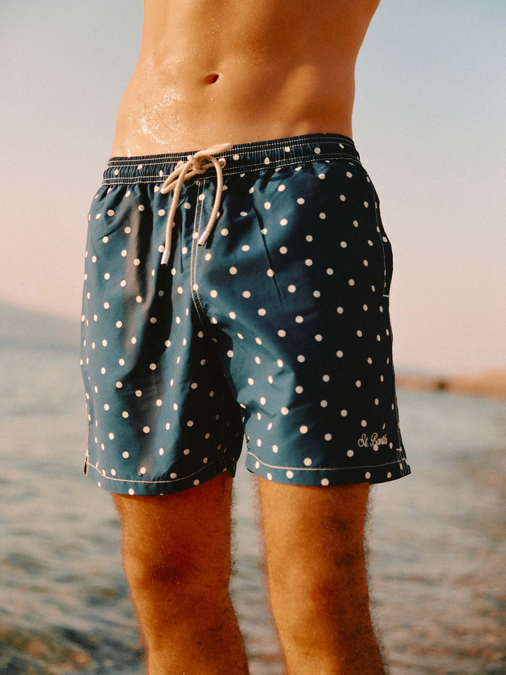 Syros swim shorts in blue with polka dot embroidery
