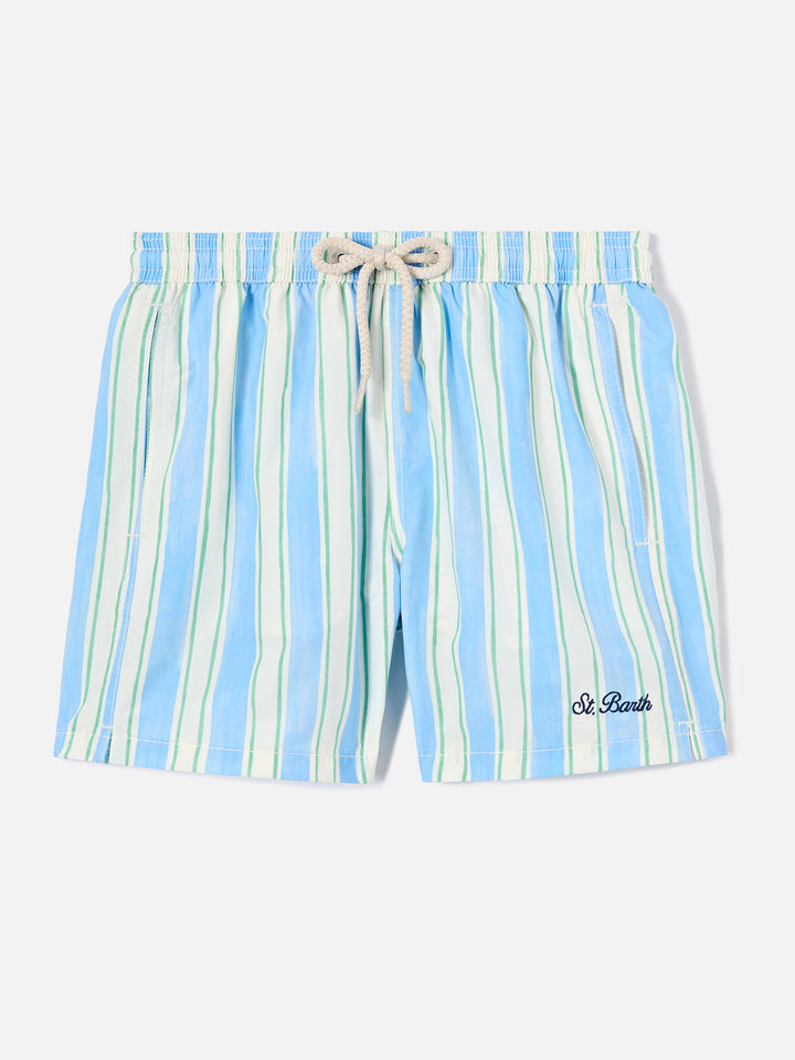 Syros Jr swim shorts striped with St. Barth embroidery