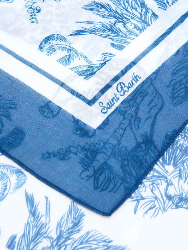 Pareo lungo Thaiti misto seta con stampa le toile de jouy blu