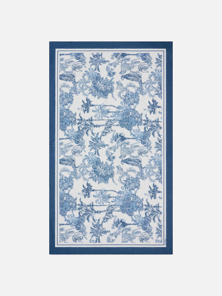 Pareo largo Thaiti en mezcla de seda con estampado toile de jouy azul 