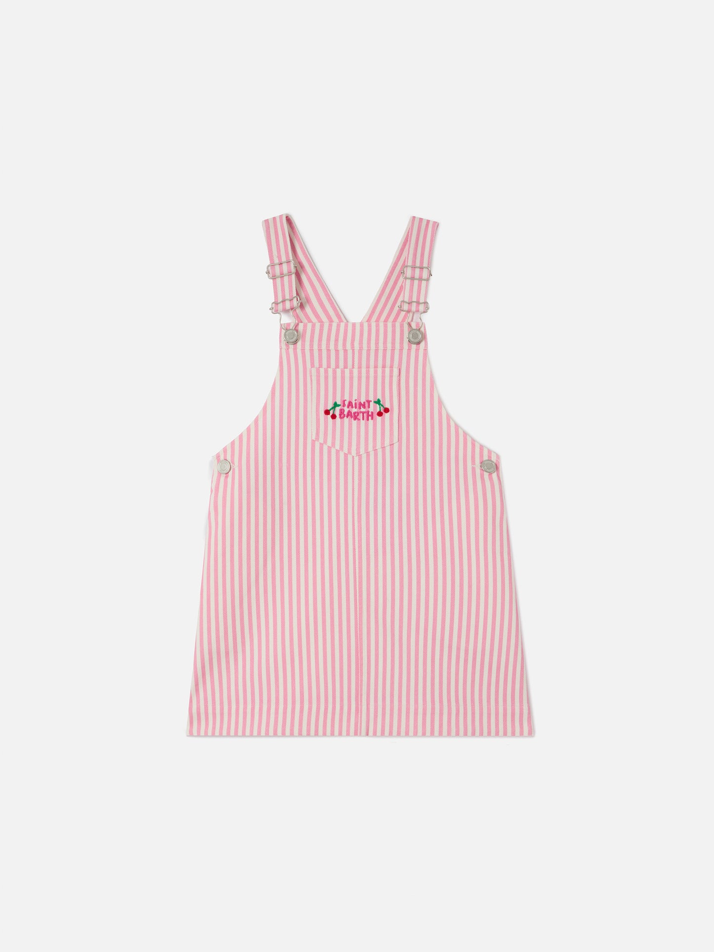 Vestito salopette Tecla Jr in denim a righe rosa con ricamo