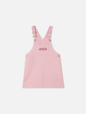 Vestito salopette Tecla Jr in denim a righe rosa con ricamo