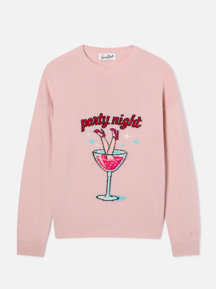 Pink Tessa wool and cashmere blend crewneck knit with Party Night embroidery