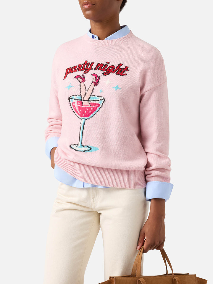 Pink Tessa wool and cashmere blend crewneck knit with Party Night embroidery