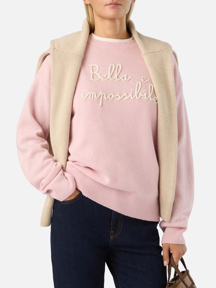 Pink Tessa wool and cashmere blend crewneck knit with Bella E Impossibile embroidery