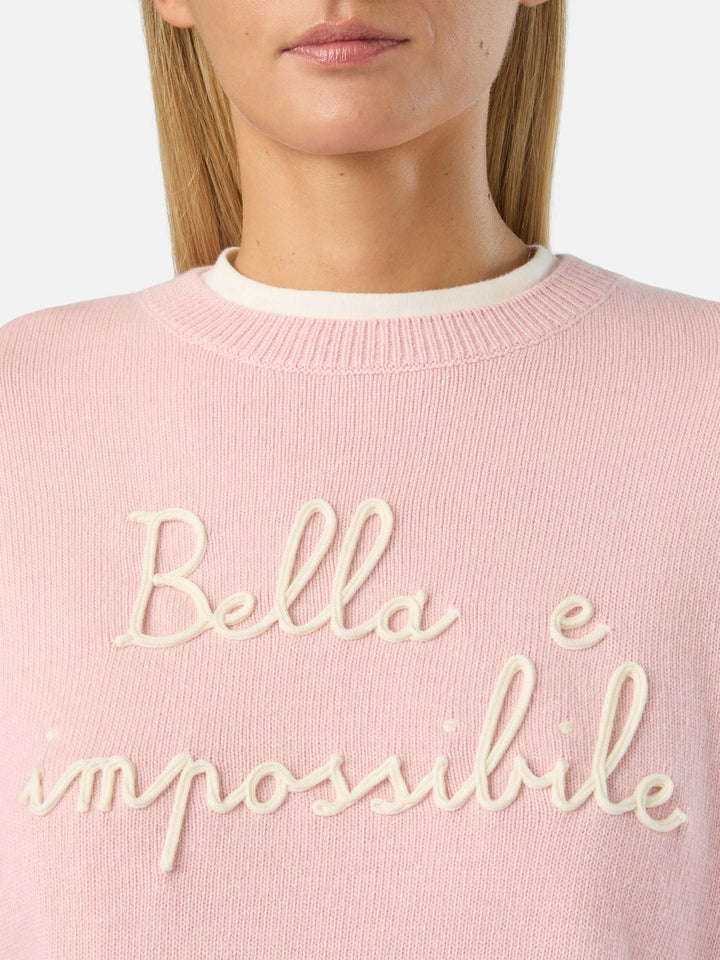 Pink Tessa wool and cashmere blend crewneck knit with Bella E Impossibile embroidery
