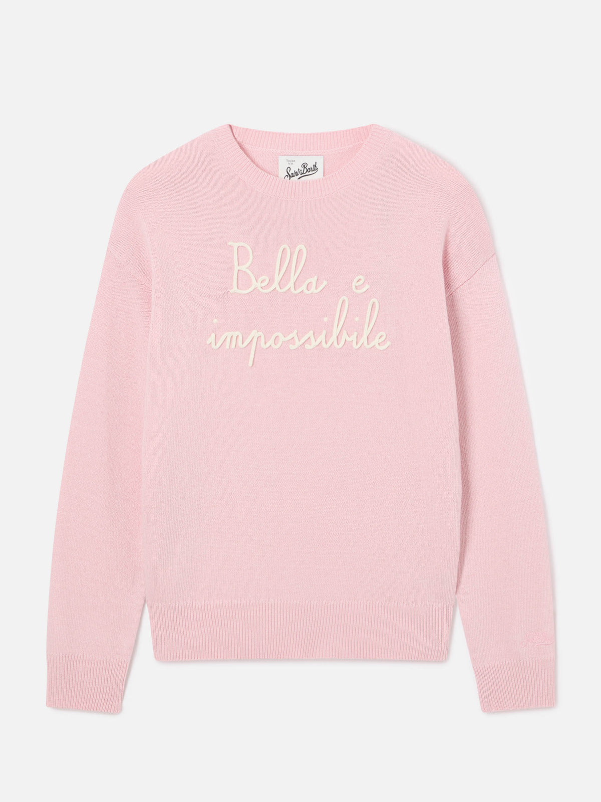 Pink Tessa wool and cashmere blend crewneck knit with Bella E Impossibile embroidery