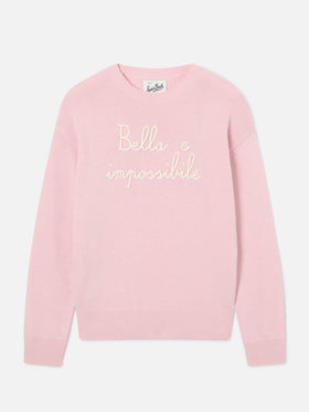 Pink Tessa wool and cashmere blend crewneck knit with Bella E Impossibile embroidery