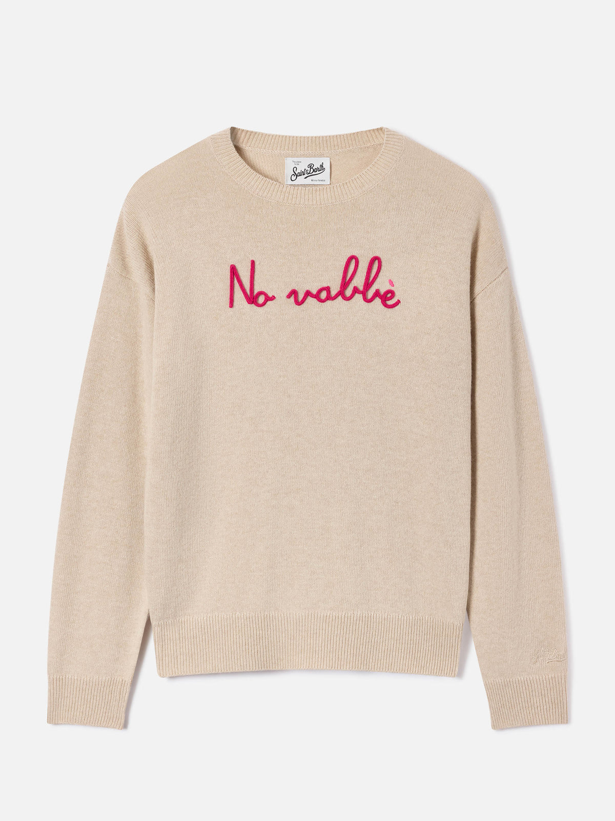 Pull col rond en maille Tessa beige en mélange de laine et cachemire avec broderie No Vabbè 