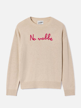 Pull col rond en maille Tessa beige en mélange de laine et cachemire avec broderie No Vabbè 