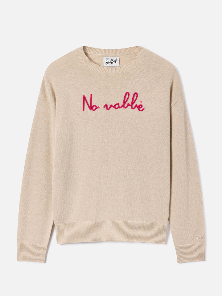 Beige Tessa wool and cashmere blend crewneck knit with No Vabbè embroidery