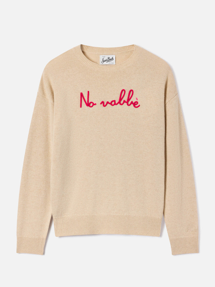 Beige Tessa wool and cashmere blend crewneck knit with No Vabbè embroidery