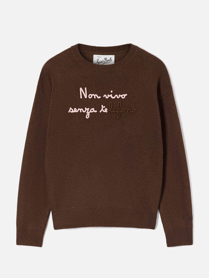 Pull col rond Tessa marron en mélange de laine et cachemire avec broderie Non Vivo Senza Te 