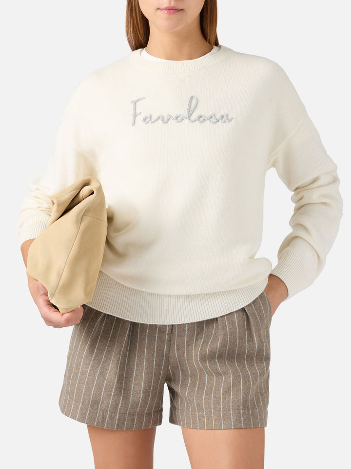 Maglia girocollo Tessa off white in misto lana e cashmere con ricamo Favolosa