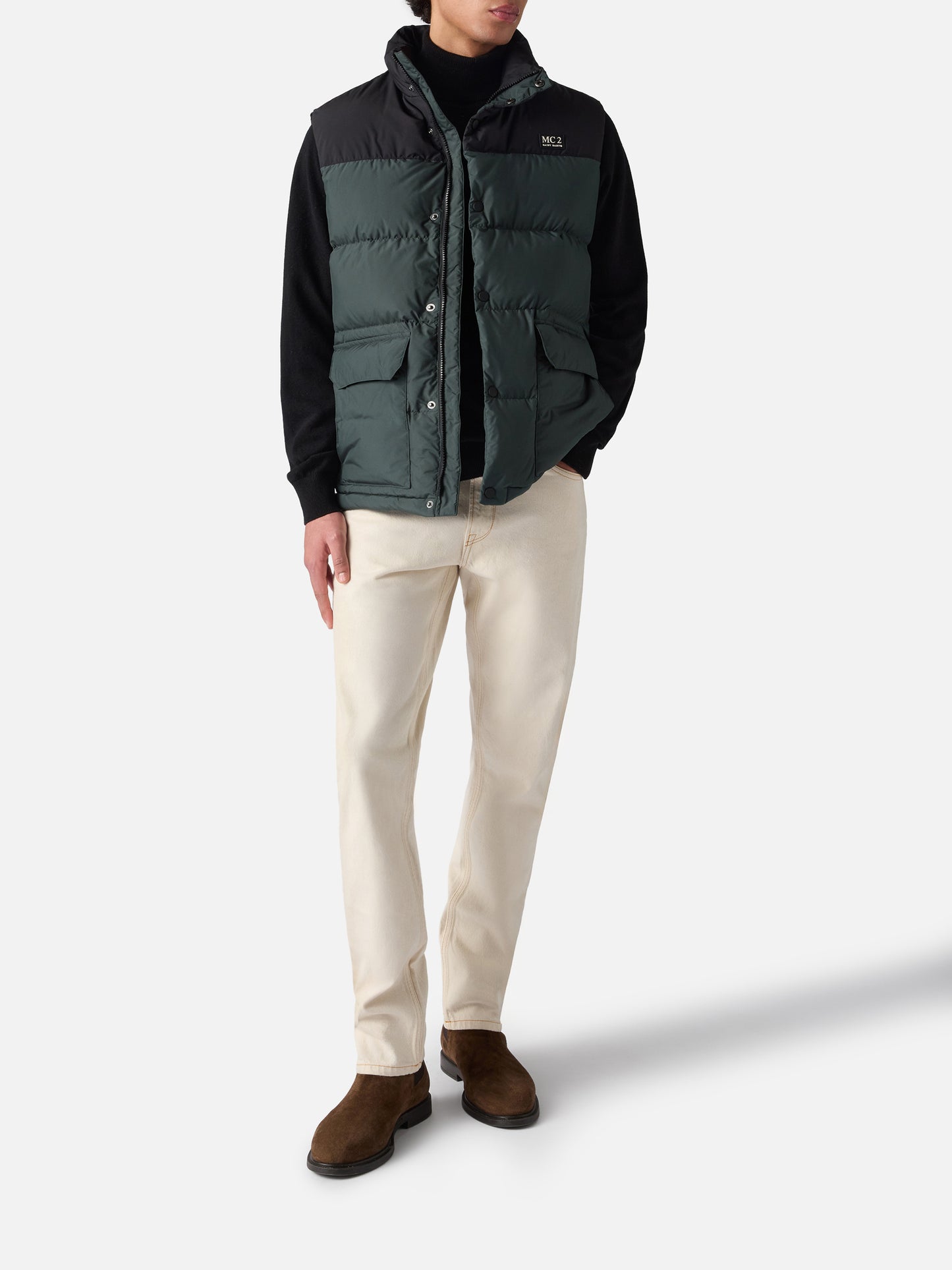 Gilet da uomo imbottito in piuma verde con tasche