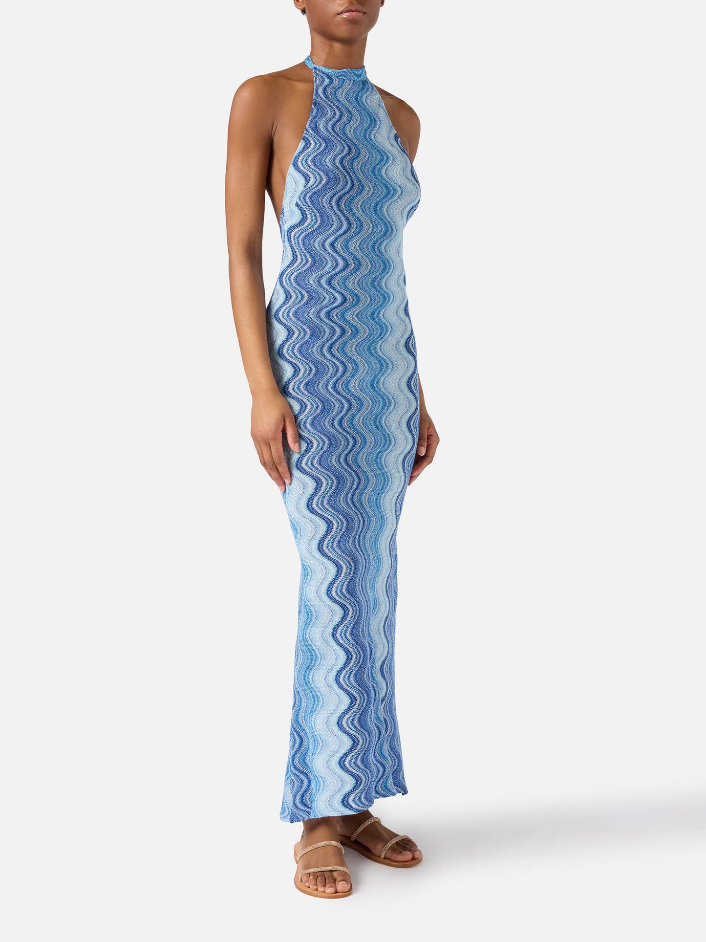Long Tony dress in blue degradé raschel fabric