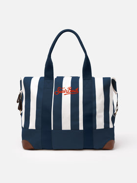 Travel Duffel Bag in canvas di cotone con stampa a righe blu