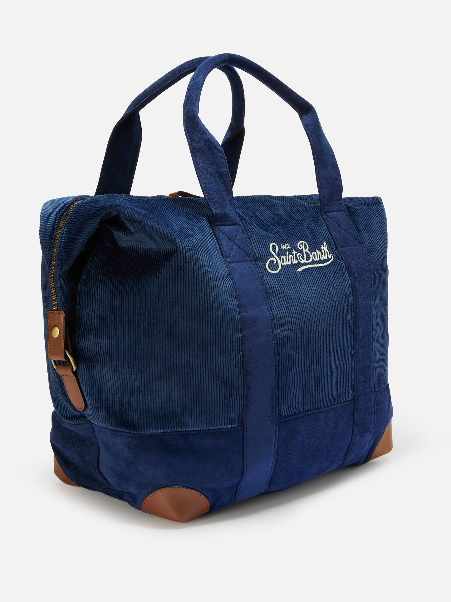 Travel Bag Corduroy Duffel in blue corduroy velvet and suede