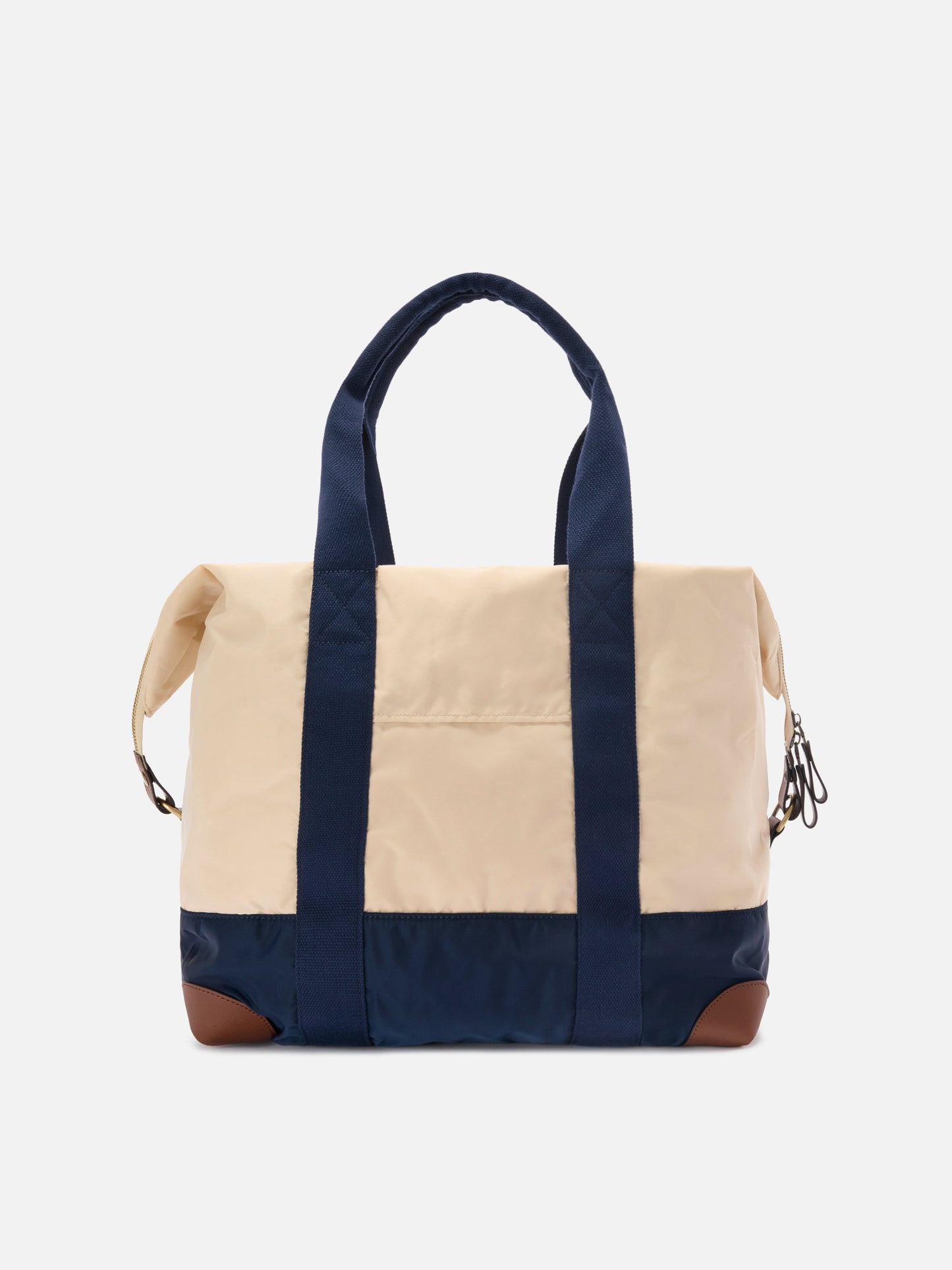 Bolsa de viaje weekender de nylon color crema y azul con logo bordado 