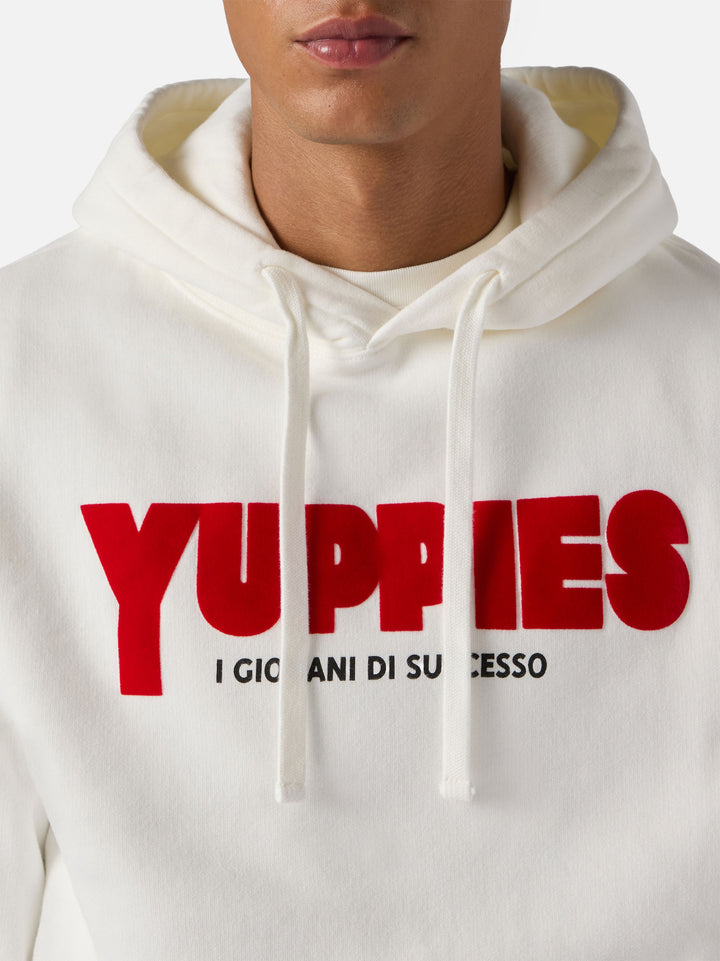 Tribeca cotton hoodie in white with Yuppies flock print | YUPPIES SPECIAL EDITION
