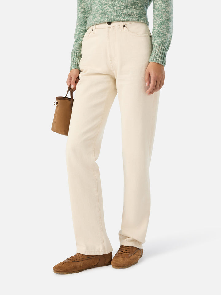 Pantalones June de denim de algodón off white con bordado del logo 