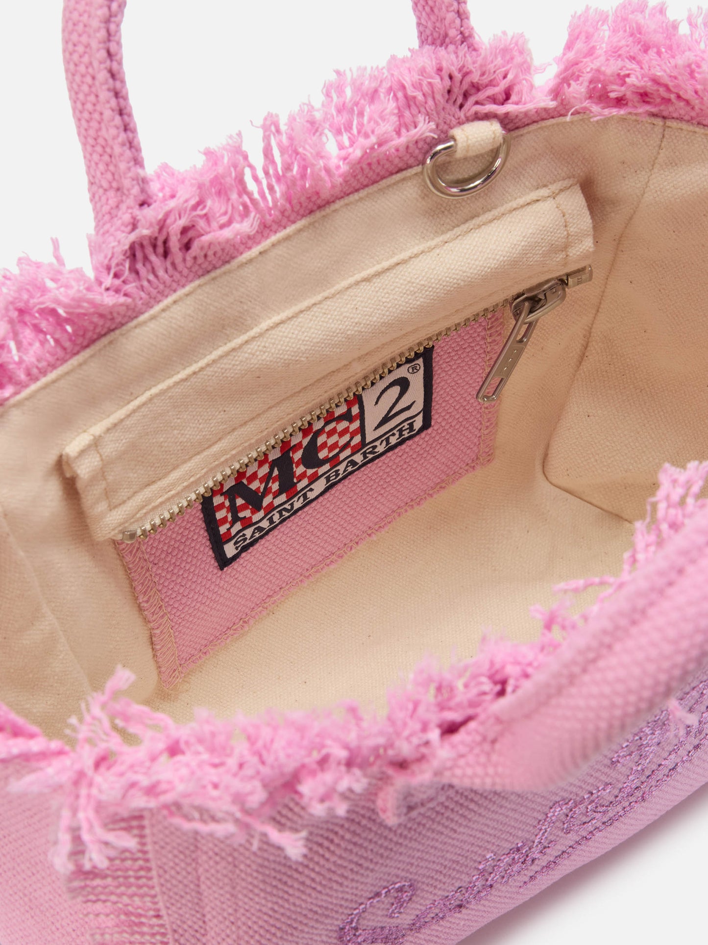 Borsa Vanity mini in canvas rosa con logo in strass