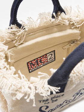 White canvas Vanity mini bag with blue details