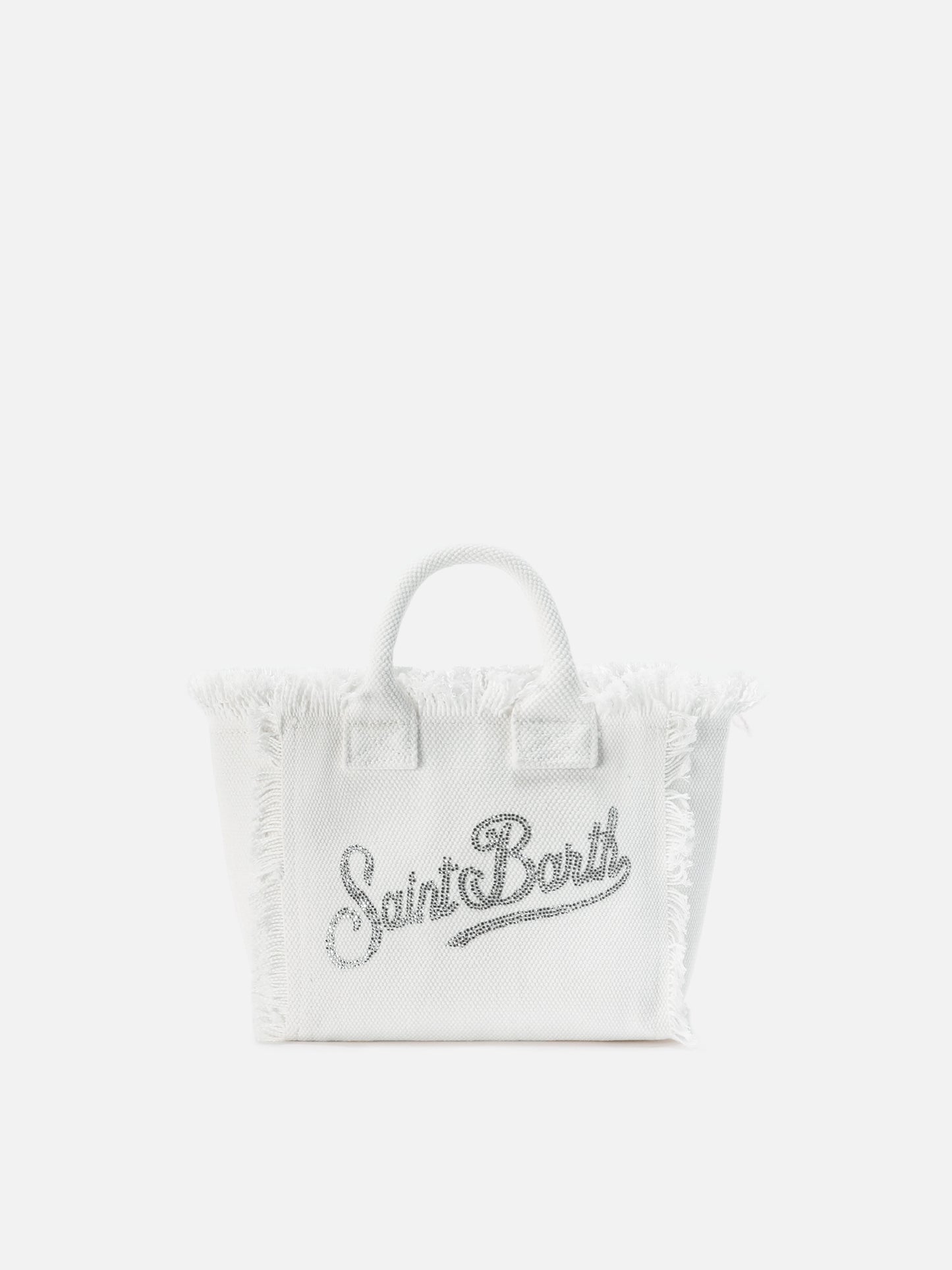Borsa Vanity mini in canvas bianca con logo in strass