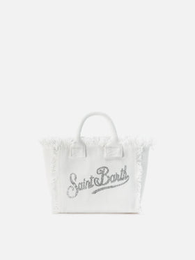 Borsa Vanity mini in canvas bianca con logo in strass