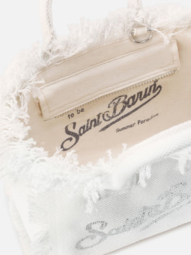 Borsa Vanity mini in canvas bianca con logo in strass