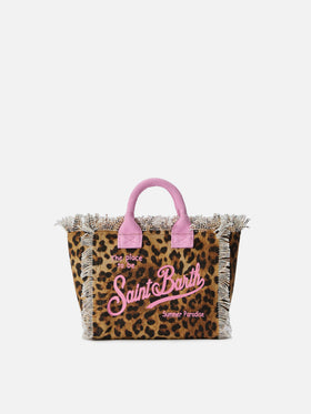 Neceser mini de lona con estampado de leopardo y detalles rosas 