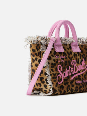 Neceser mini de lona con estampado de leopardo y detalles rosas 