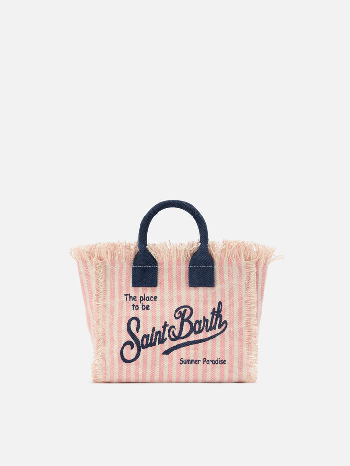 Borsa Vanity mini in canvas a righe rosa con dettagli blu