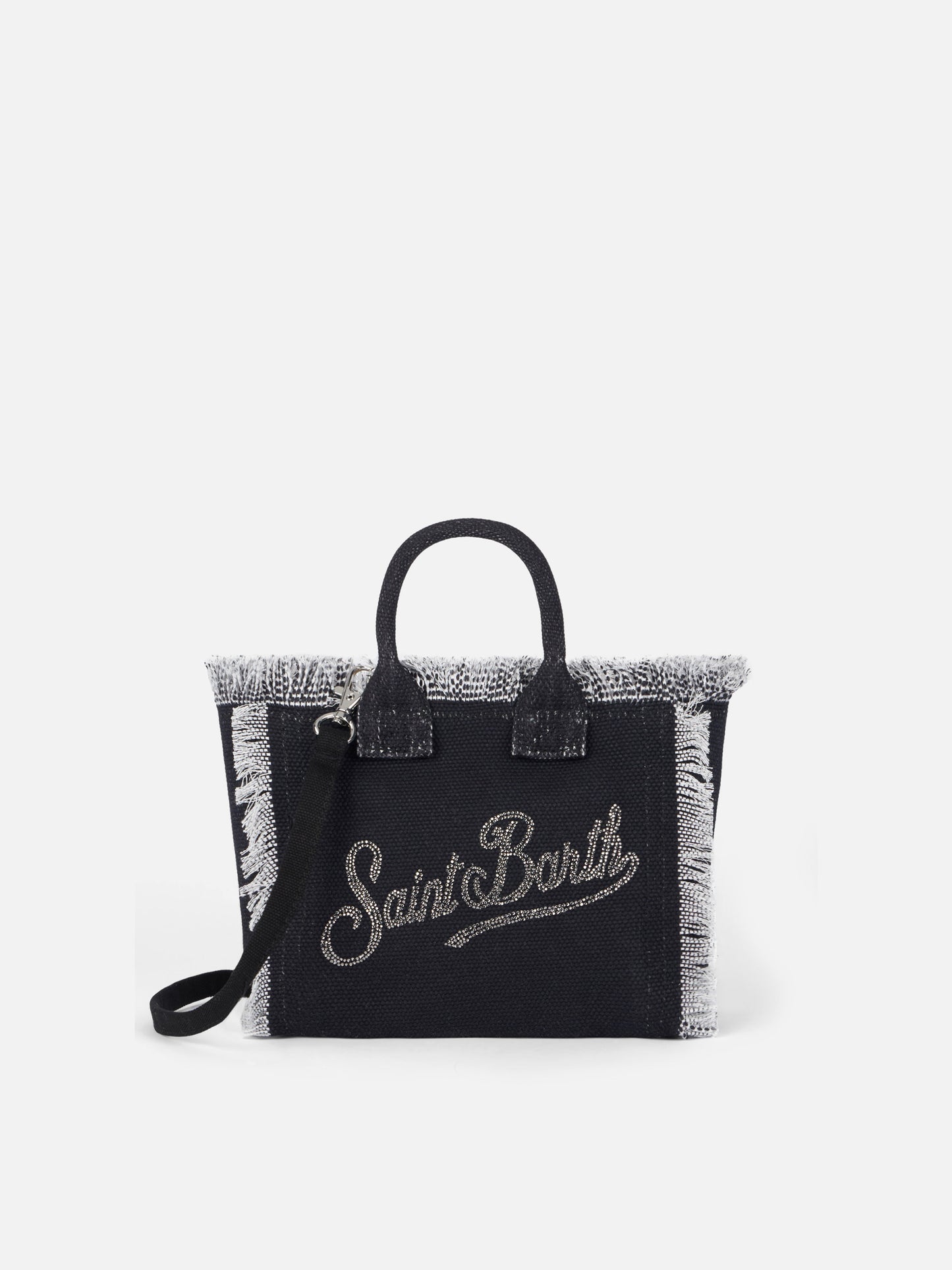 Borsa Mini Vanity in tela di cotone con logo in strass argentati