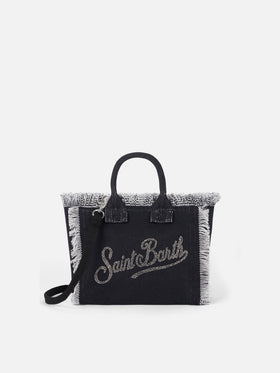 Borsa Mini Vanity in tela di cotone con logo in strass argentati