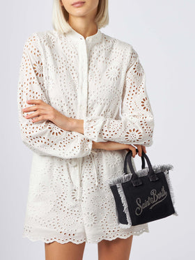 Borsa Mini Vanity in tela di cotone con logo in strass argentati