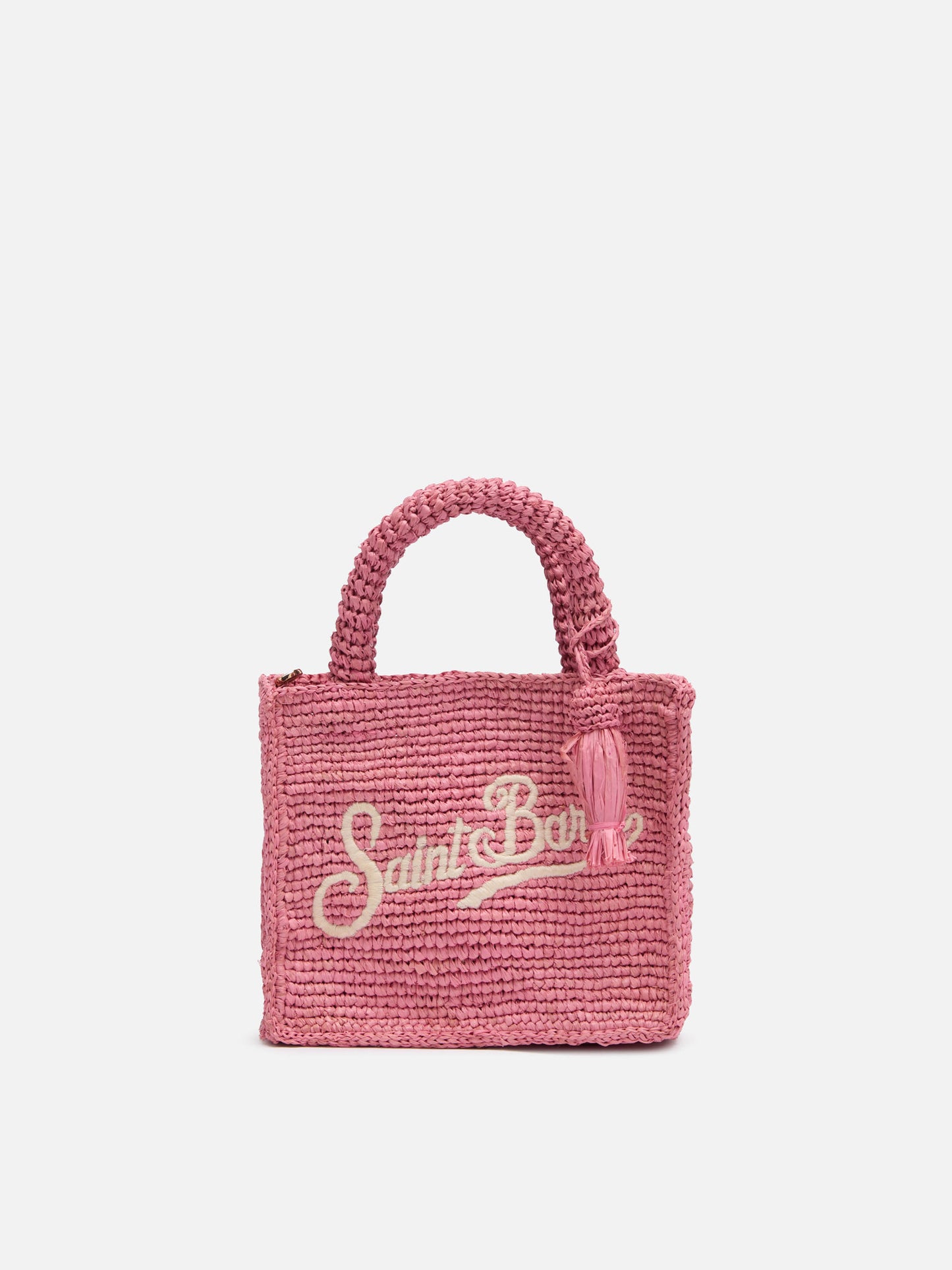 Rosa Mini Vanity Raffia-Tasche mit Saint Barth-Stickerei