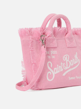 Pink solid color linen Vanity mini bag with removable strap