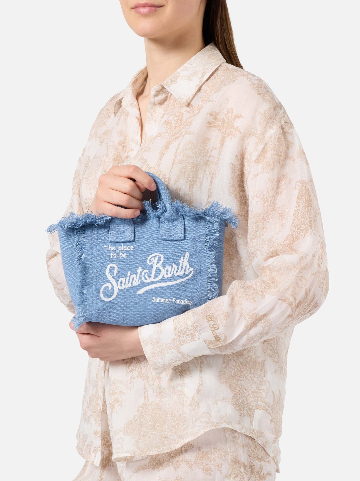 Blue solid color linen Vanity mini bag with removable strap