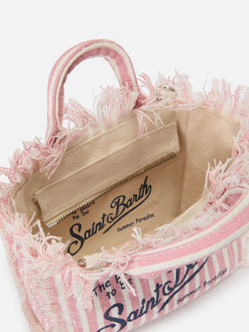 Borsa Vanity in lino a righe fini rosa e bianche