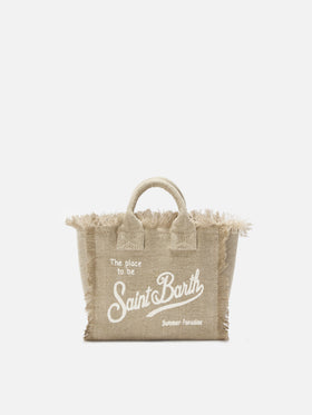 Beige solid color linen Vanity mini bag with removable strap