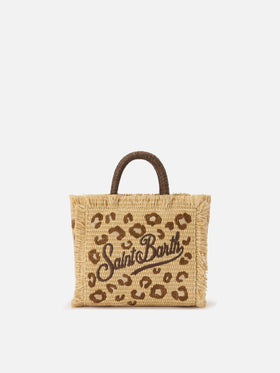 Borsa Vanity mini in tessuto effetto paglia con ricamo leopardato