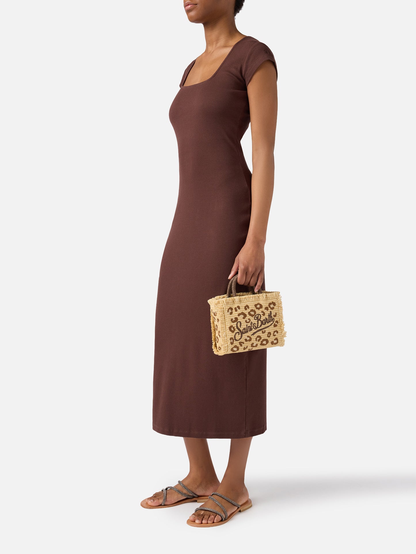 Borsa Vanity mini in tessuto effetto paglia con ricamo leopardato