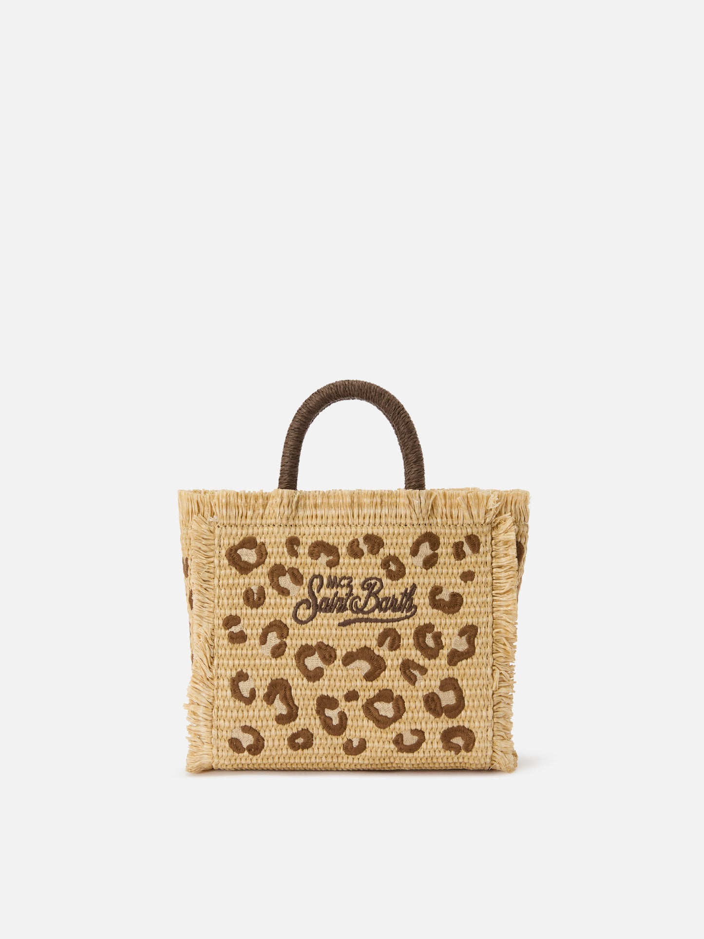 Borsa Vanity mini in tessuto effetto paglia con ricamo leopardato