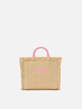 Vanity mini straw effect bag with embroidered logo