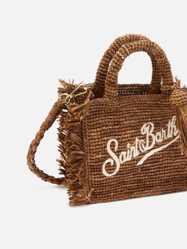 Braune Vanity Mini-Tasche aus Raffia mit seitlichen Fransen 
