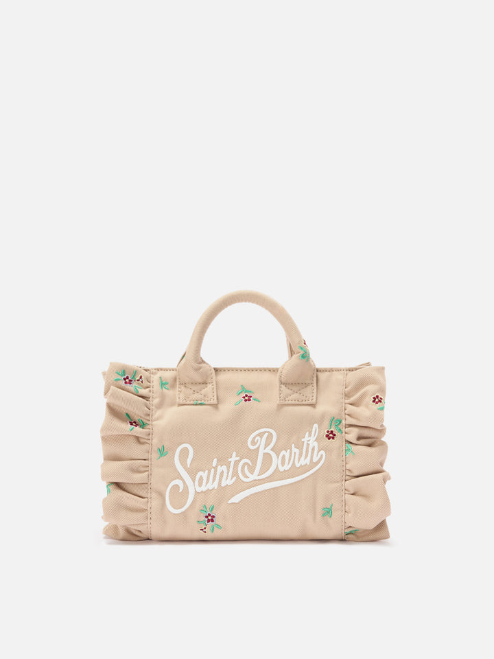 Beige Denim Vanity mini volant bag with embroidered flowers